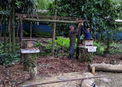Two men working on a meliponario, consisting of two vertical wooden beams and a cross-beam connecting them. Level and roof materials are nearby