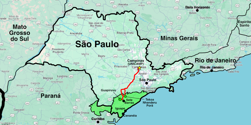 Map inset with São Paulo state outlined thickly, the Vale do Ribeiro region in the south outlined an shaded in green, with a red line from Campinas in the central part of the state down to Guapiruvu in the Vale do Ribeira region starred.  Additional important cities for the project are highlighted, including Sete Barras directly to the east of Guapiruvu and Iguape and Cananéia to the south on the coast.