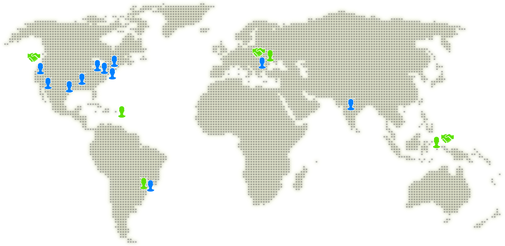 Dot matrix map showing blue people icons where volunteers are located (USA - Arizona, California, Texas, Arkansas, Michigan, New York, New Jersey; Canada, Brazil; Romania), green people icons where teacher partners are located (USA - US Virgin Islands; Brazil; Indonesia; Ukraine) and where our major institutional partners are located via green handshake icons (USA - Blue Marble Space Institute of Science; Indonesia - Khairun University; Ukraine - Lviv Polytechnic University, Ivan Franko Lviv National University of Lviv, Precarpathian Professional College of Forestry and Tourism)